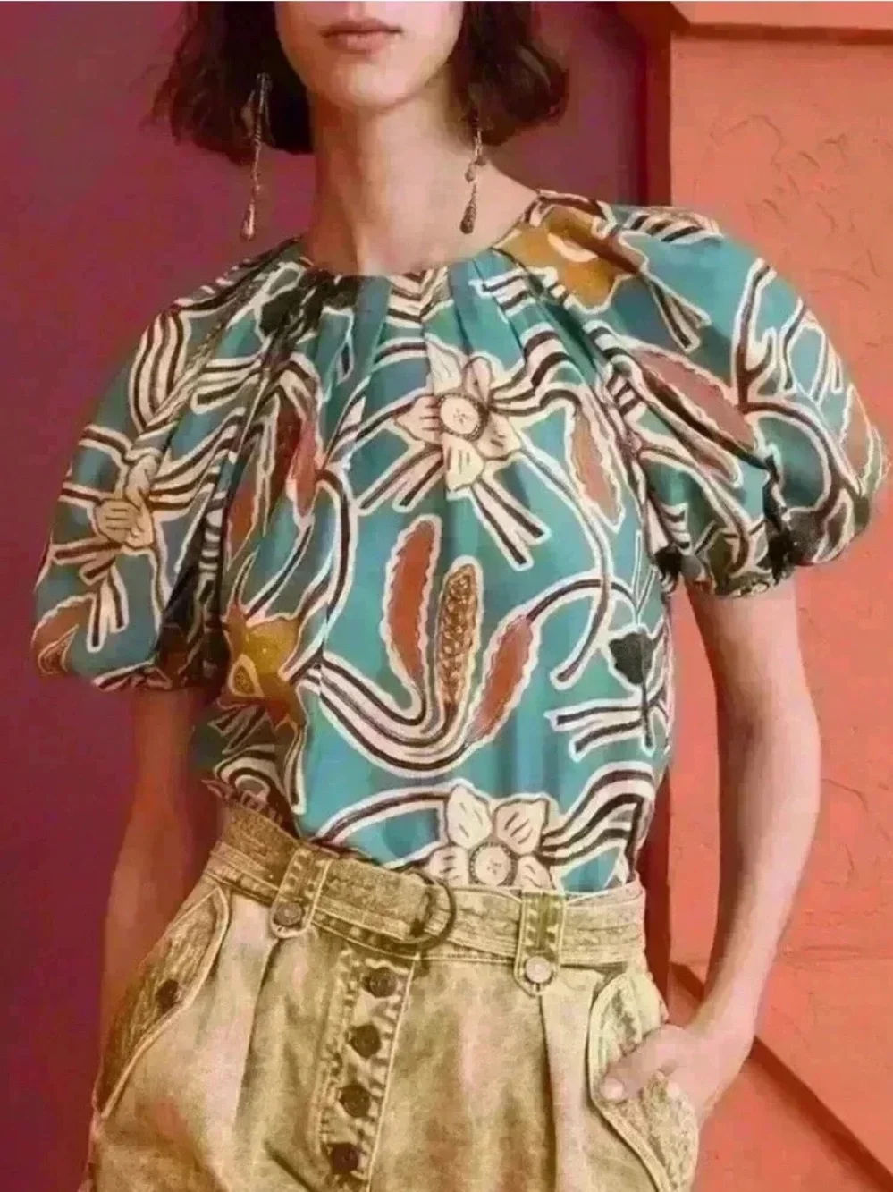Ulla Johnson Anila silk top blue floral puff sleeve womens 0